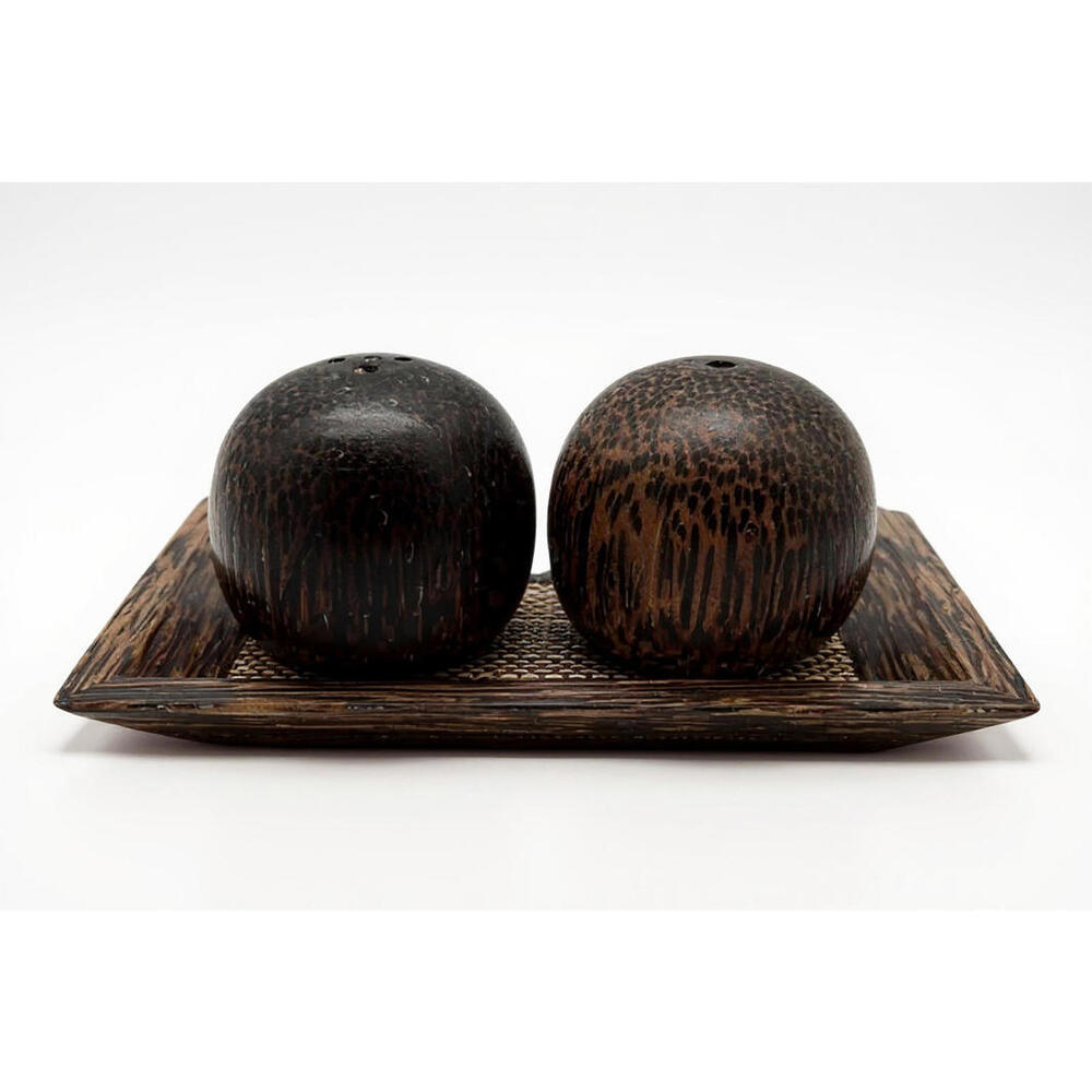 Atticus Palm Wood Salt & Pepper Shakers Set with Tray Thailand Vintage